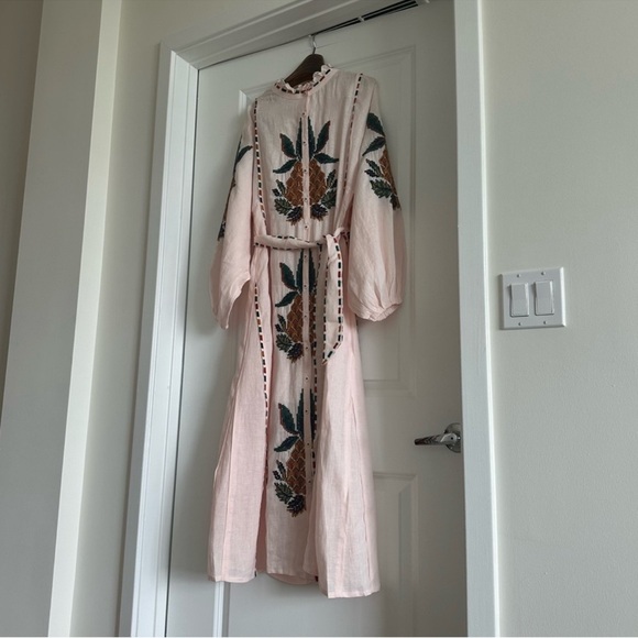 Farm Rio Light Pink Cross Stitch Pineapple Embroidered Midi Dress - Picture 4 of 9